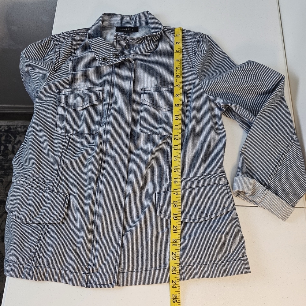 Talbots Blue Railroad Striped Full Zip Cotton Jacket With Snap Pockets Size 12 - Picture 9 of 9